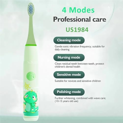 US1984 Sonic Electric Toothbrush for Kids with 4 Modes, 3 Brush Heads & Rechargeable Battery, Ultra Soft Nylon Bristles, IPX7 Waterproof, Electric Power Tooth brush (Green) - Image 3