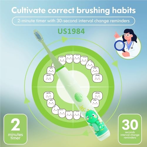 US1984 Sonic Electric Toothbrush for Kids with 4 Modes, 3 Brush Heads & Rechargeable Battery, Ultra Soft Nylon Bristles, IPX7 Waterproof, Electric Power Tooth brush (Green) - Image 2