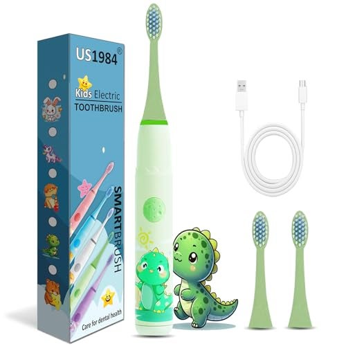 US1984 Sonic Electric Toothbrush for Kids with 4 Modes, 3 Brush Heads & Rechargeable Battery, Ultra Soft Nylon Bristles, IPX7 Waterproof, Electric Power Tooth brush (Green) - Image 1