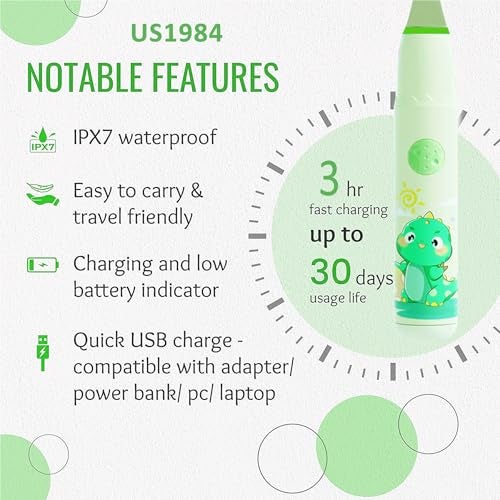 US1984 Sonic Electric Toothbrush for Kids with 4 Modes, 3 Brush Heads & Rechargeable Battery, Ultra Soft Nylon Bristles, IPX7 Waterproof, Electric Power Tooth brush (Green) - Image 5
