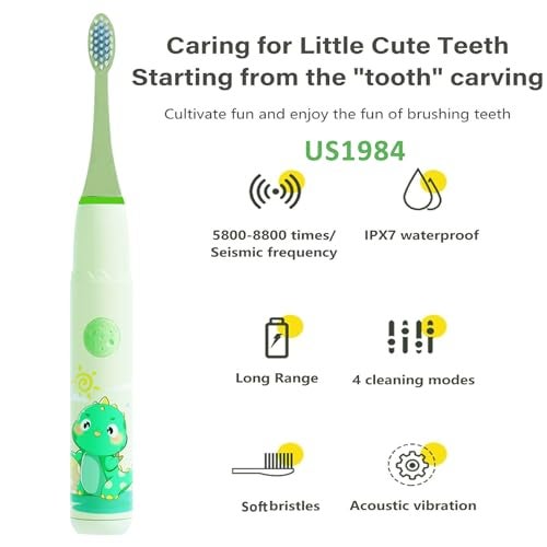 US1984 Sonic Electric Toothbrush for Kids with 4 Modes, 3 Brush Heads & Rechargeable Battery, Ultra Soft Nylon Bristles, IPX7 Waterproof, Electric Power Tooth brush (Green) - Image 4