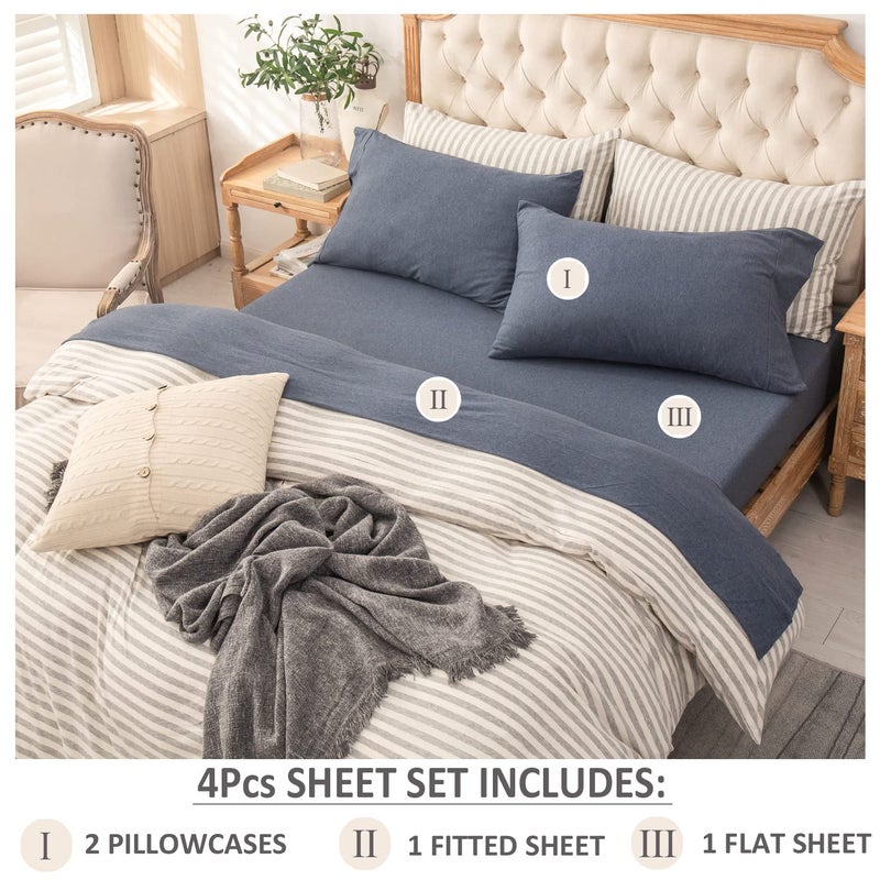 PURE ERA PURE ERA Jersey Knit 4pc Bed Sheet Set 100% T-Shirt Heather Cotton Super Soft Comfy Breathable Fits Mattress Up to 20"" Extra Deep Pocket (Navy Blue  King)  - Image 2