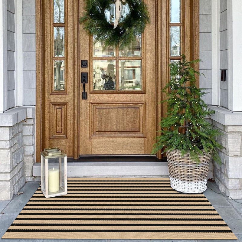 KOZYFLY Brown and Black Striped Porch Rug 27.5x43 Inches Area Rug Washable Outdoor Doormat Front Door Mat Cotton Striped Indoor Outdoor Rugsfor Front Door Kitchen Entryway Patio Porch - Image 1