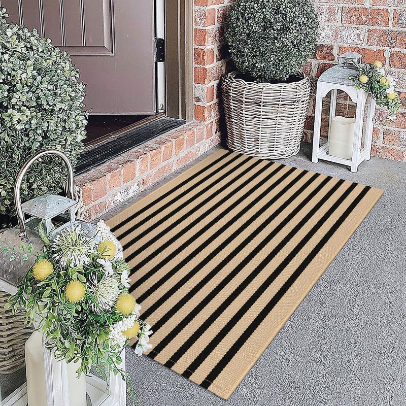 KOZYFLY Brown and Black Striped Porch Rug 27.5x43 Inches Area Rug Washable Outdoor Doormat Front Door Mat Cotton Striped Indoor Outdoor Rugsfor Front Door Kitchen Entryway Patio Porch - Image 2