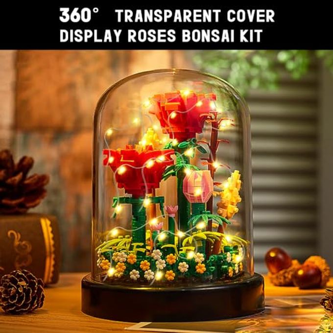 Hogokids Flower Bouquet Building Kit with LED Lighting 596 PCS Rose Sets with Cover Botanical Building Blocks | Birthday Mini Bricks Valentines Day Gift for Adult Girlfriend Wife (Red Roses) - Image 2