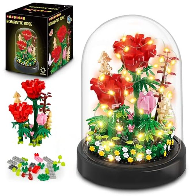 Hogokids Flower Bouquet Building Kit with LED Lighting 596 PCS Rose Sets with Cover Botanical Building Blocks | Birthday Mini Bricks Valentines Day Gift for Adult Girlfriend Wife (Red Roses) - Image 4