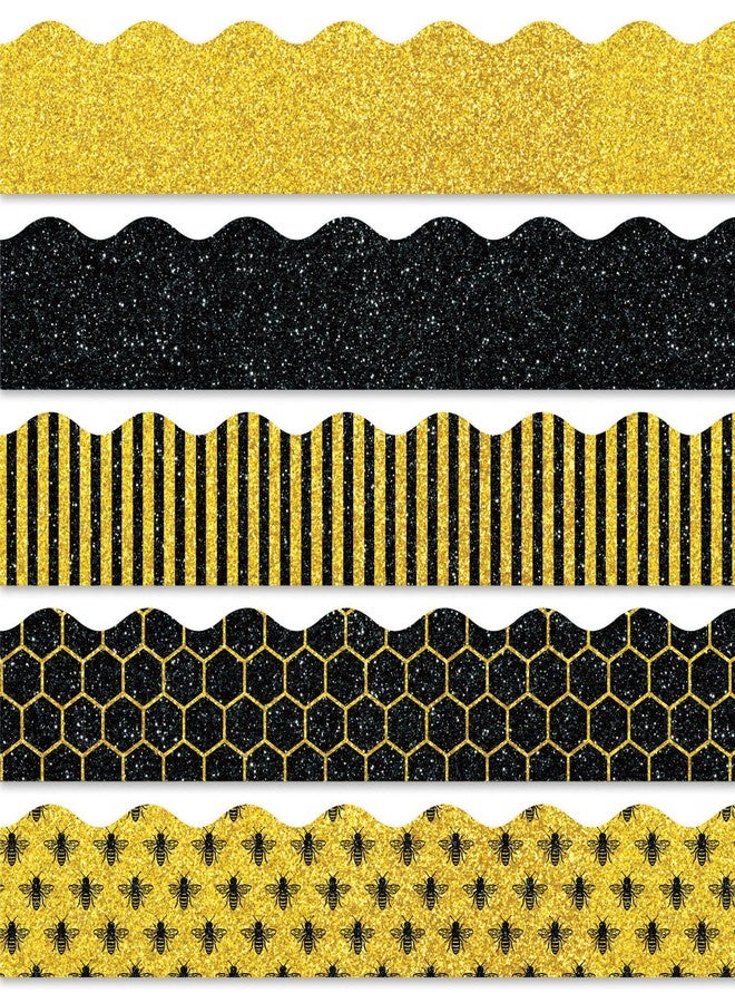 Whaline 69Ft Summer Glitter Bulletin Board Borders 5 Designs Yellow Black Bee Theme Decoration Trim Bee Bulletin Board Stickers for School Classroom Office Bee Party Decoration - Image 1