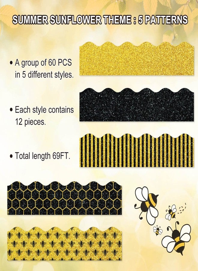 Whaline 69Ft Summer Glitter Bulletin Board Borders 5 Designs Yellow Black Bee Theme Decoration Trim Bee Bulletin Board Stickers for School Classroom Office Bee Party Decoration - Image 3