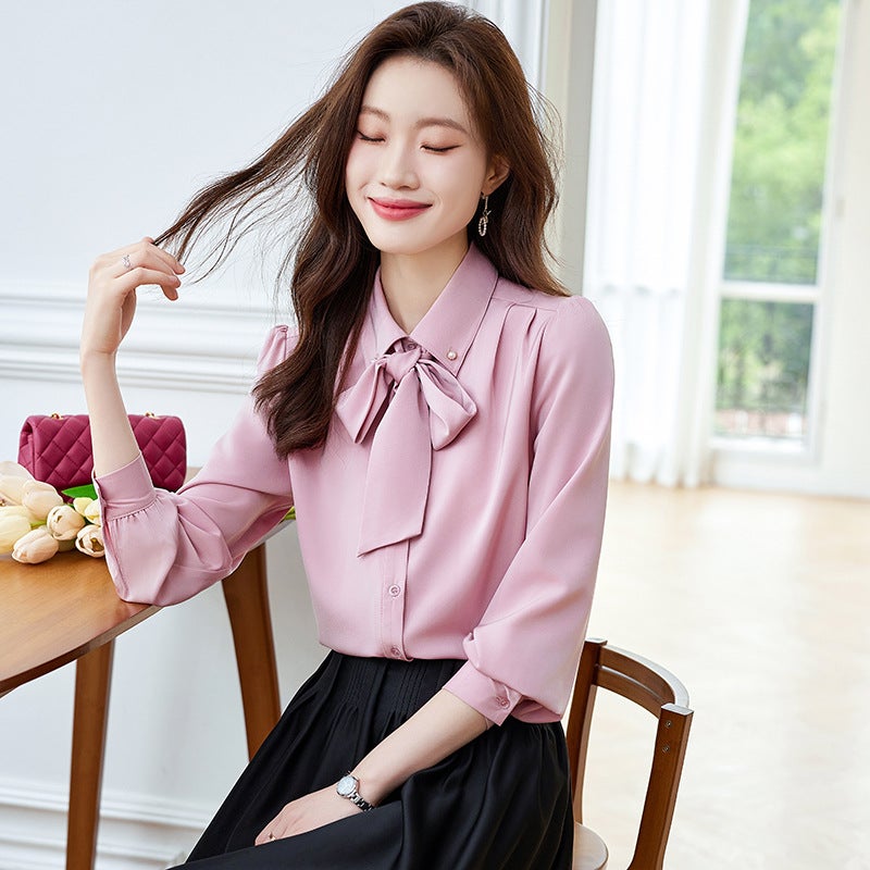 Bow White Chiffon Shirt Womens High-end Temperament Ribbon Professional Shirt French Design Chic Top White - Image 5