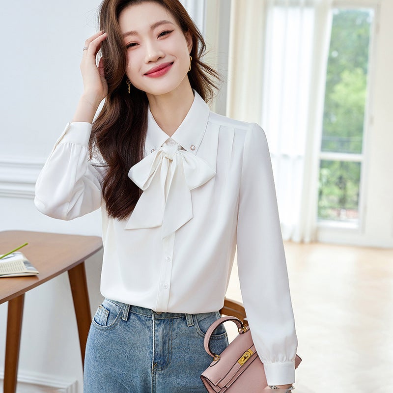 Bow White Chiffon Shirt Womens High-end Temperament Ribbon Professional Shirt French Design Chic Top White - Image 2