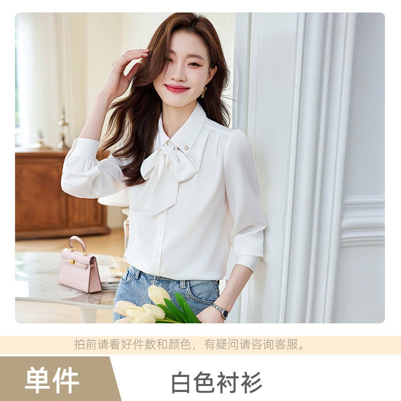 Bow White Chiffon Shirt Womens High-end Temperament Ribbon Professional Shirt French Design Chic Top White - Image 1