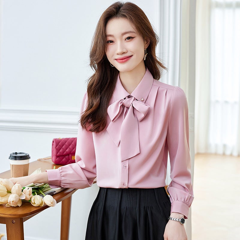 Bow White Chiffon Shirt Womens High-end Temperament Ribbon Professional Shirt French Design Chic Top White - Image 4