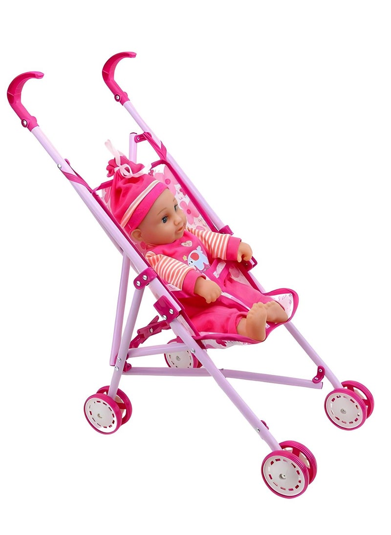 Generic - Dolls Toy Stroller | Pram Pink Baby Doll Pushchair | Baby Toy Stroller With Doll - Image 1