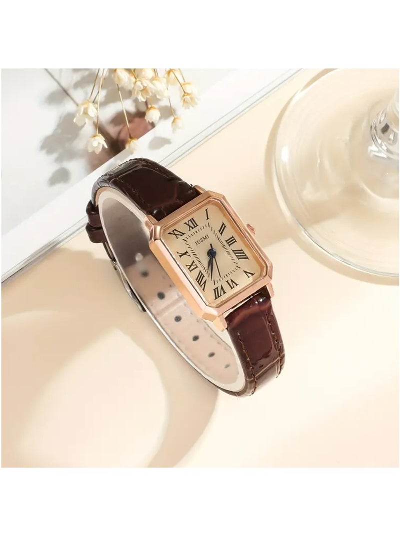 JUSMI Casual Rectangle Pointer Quartz Watch Rome Fashion Analog Retro PU Leather Wrist Watch For Women Female - Image 4