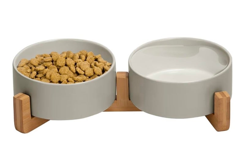 PAWSOME Ceramic Cat and Small Dog Bowl Set â€“ Modern Indoor Small Size Pet Food and Water Bowls with Wood Stand â€“ Non Slip Puppy Sized Feeding Station with Double Dishes (Gray) - Image 1