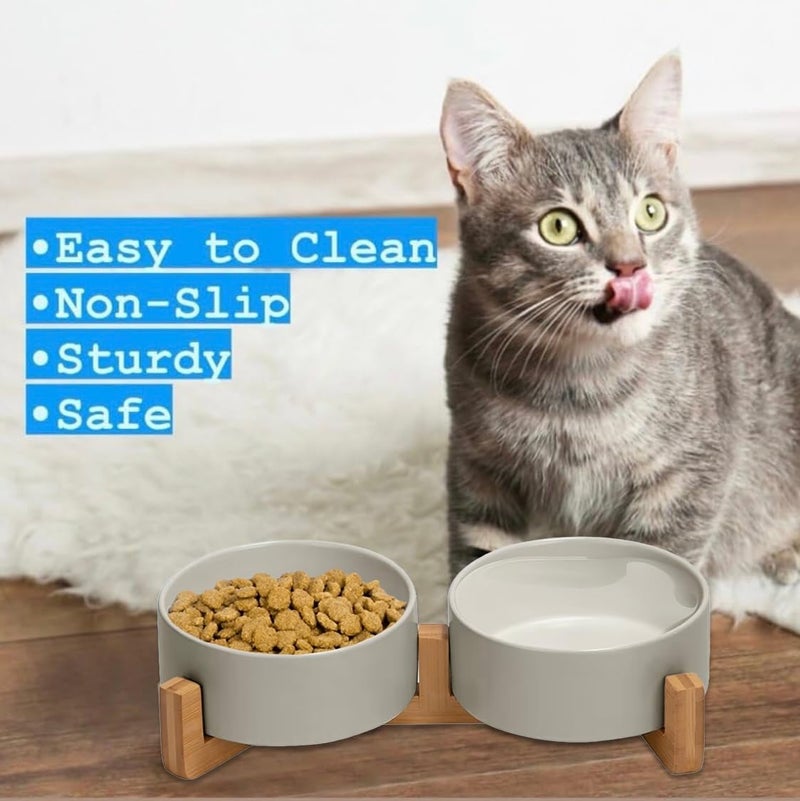 PAWSOME Ceramic Cat and Small Dog Bowl Set â€“ Modern Indoor Small Size Pet Food and Water Bowls with Wood Stand â€“ Non Slip Puppy Sized Feeding Station with Double Dishes (Gray) - Image 5