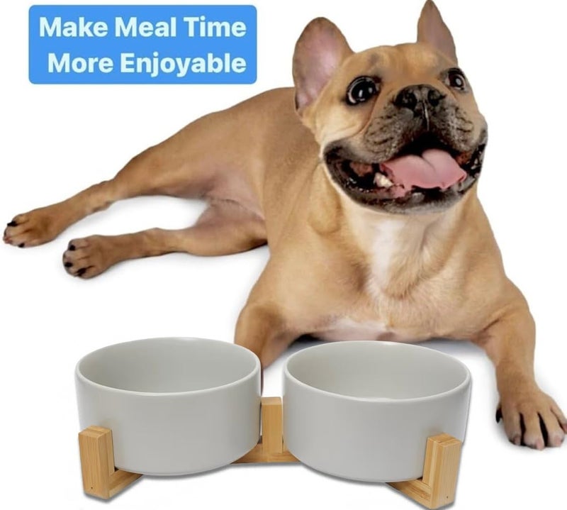PAWSOME Ceramic Cat and Small Dog Bowl Set â€“ Modern Indoor Small Size Pet Food and Water Bowls with Wood Stand â€“ Non Slip Puppy Sized Feeding Station with Double Dishes (Gray) - Image 4