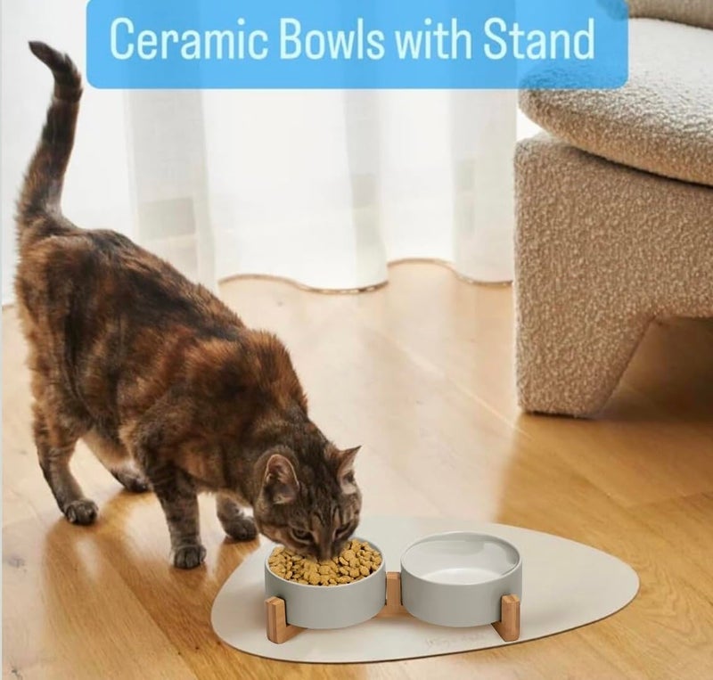PAWSOME Ceramic Cat and Small Dog Bowl Set â€“ Modern Indoor Small Size Pet Food and Water Bowls with Wood Stand â€“ Non Slip Puppy Sized Feeding Station with Double Dishes (Gray) - Image 2