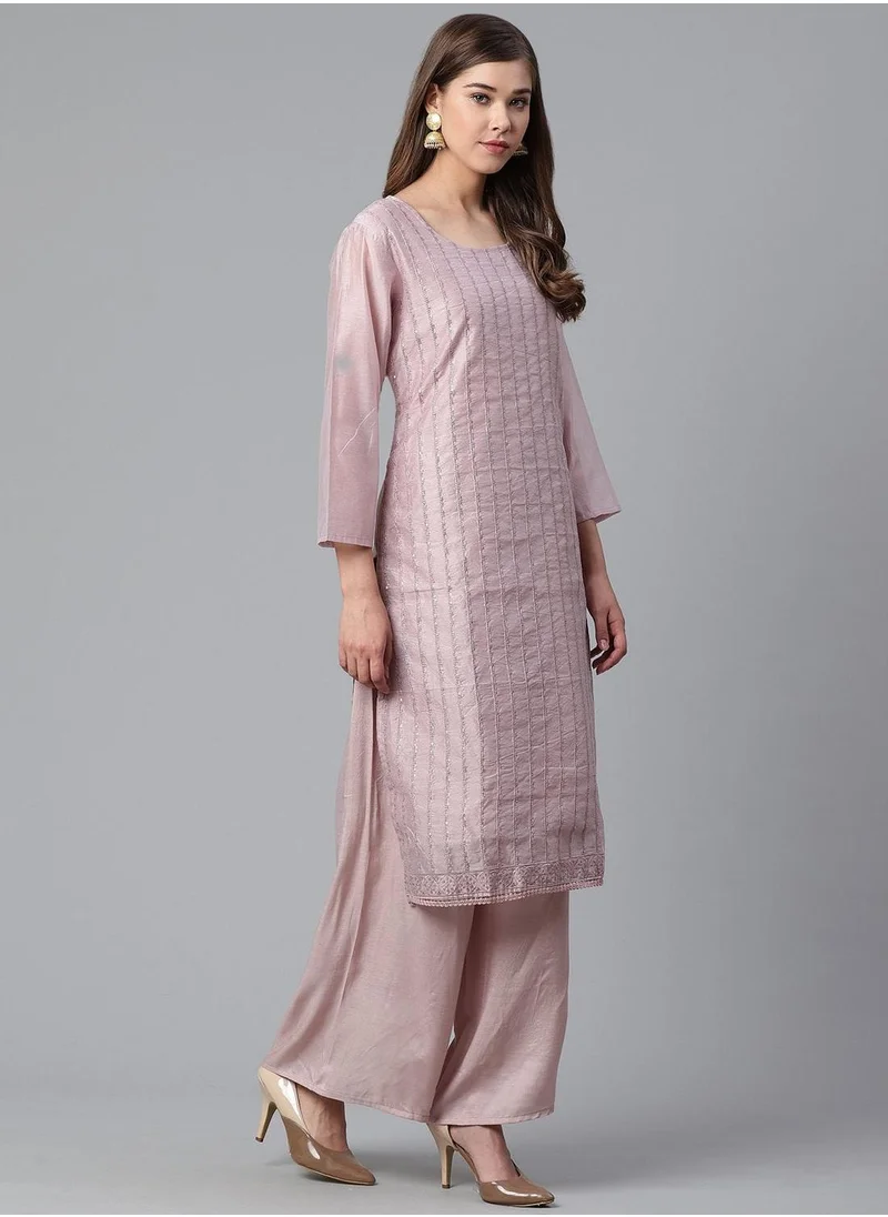 ISHIN Straight Fit Embroidered Pattern Round Neck Long Sleeves Purple Colour Knitted Cotton Kurta Set for Women with Semi Elastic Closure - Designed with Style and Comfort