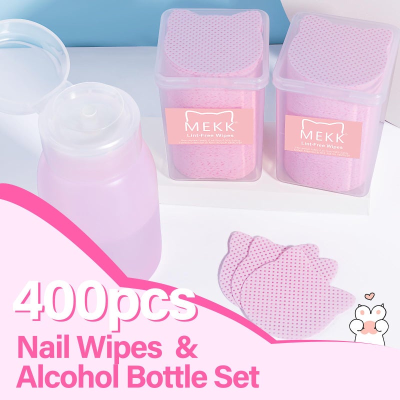 MEKK Lint Free Nail Wipes with Acetone Dispenser Set 400PCS Cat-Shaped Lint Free Wipes with 200ml Anti-Corrosion Empty Push Down Pump Dispenser Bottle for Acetone,Alcohol,Nail Polish Remover,ect - Image 5