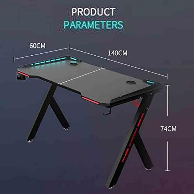 rayihni GAMING TABLE DESK WITH LED LIGHTS 140X60X74CM PC COMPUTER DESK K SHAPED GAMER HOME OFFICE COMPUTER DESK TABLE WITH HANDLE RACK CUP HOLDER & HEADPHONE HOOK (BLACK,K SHAPE,140X60X74) - Image 2