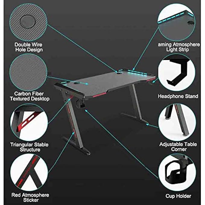 rayihni GAMING TABLE DESK WITH LED LIGHTS 140X60X74CM PC COMPUTER DESK K SHAPED GAMER HOME OFFICE COMPUTER DESK TABLE WITH HANDLE RACK CUP HOLDER & HEADPHONE HOOK (BLACK,K SHAPE,140X60X74) - Image 3