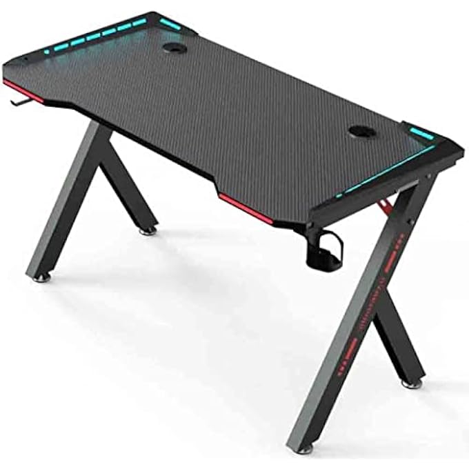 rayihni GAMING TABLE DESK WITH LED LIGHTS 140X60X74CM PC COMPUTER DESK K SHAPED GAMER HOME OFFICE COMPUTER DESK TABLE WITH HANDLE RACK CUP HOLDER & HEADPHONE HOOK (BLACK,K SHAPE,140X60X74) - Image 1