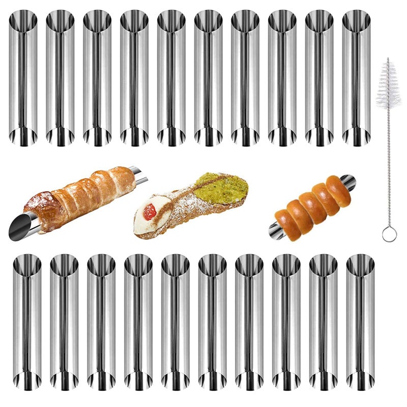 JIELUO Cannoli Tubes,20PCS Stainless Steel Screw Croissant Mold with Brush, 5 inch Conical Tube Cone Roll Moulds Spiral Pastry Cream Horn Cake Bread Mold for Cannoli Tubes Croissant Baking - Image 1