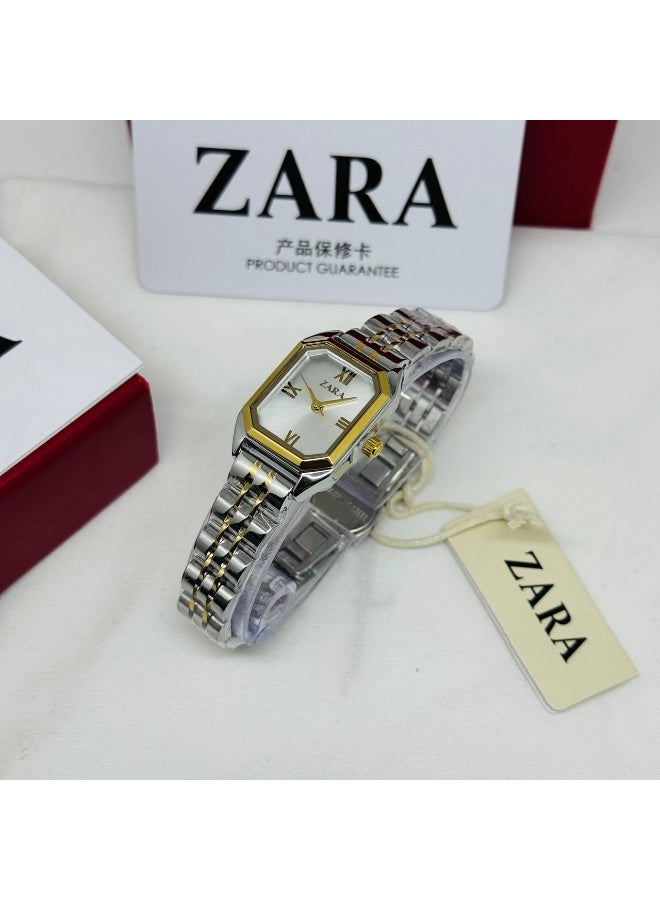 ZARA Classic Women's Two-Tone Rectangular Watch | White Dial with Roman Numerals | Stainless Steel Bracelet