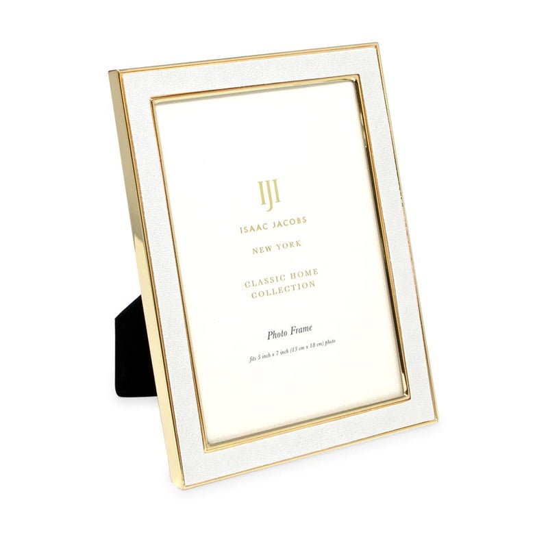 Isaac Jacobs 5x7 White Leather with Gold Metal Vertical  Horizontal Picture Frame Suede Border wBlack Fabric Easel WallMountable Made For Tabletop Photo Gallery 5x7 White WGold