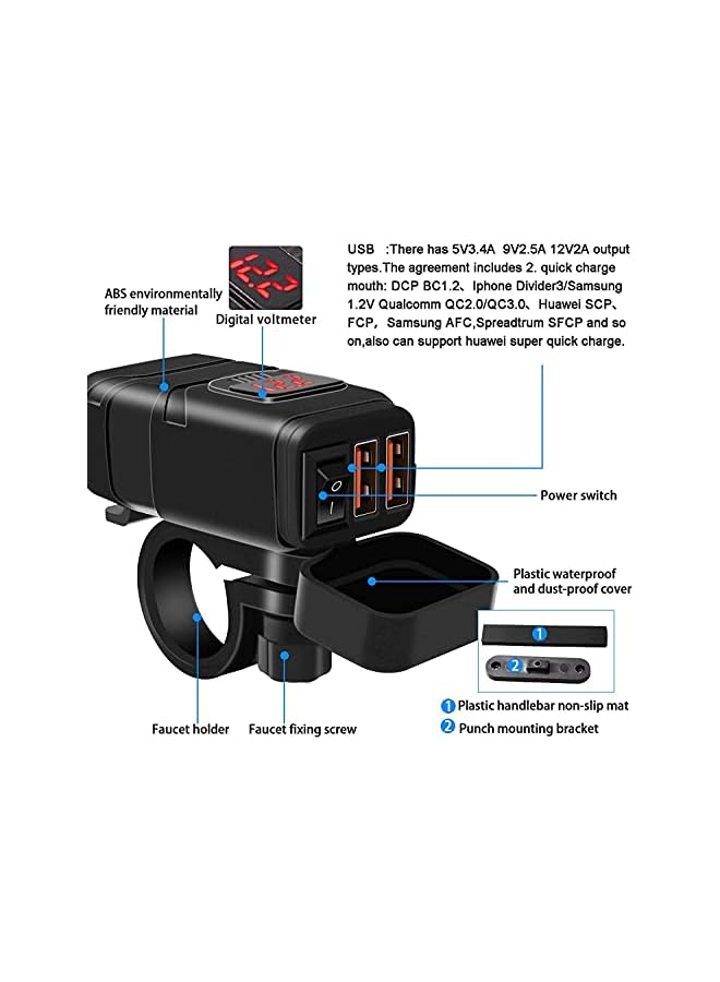 PROMASS Motorcycle Charger SAE to USB Car Charger Adapter, Dual USB Fast Charger and 12V Voltmeter with Independent On/Off Power Switch and 10A Fuse Fast Charging Kit for Phone, GPS, Tablet - Image 4