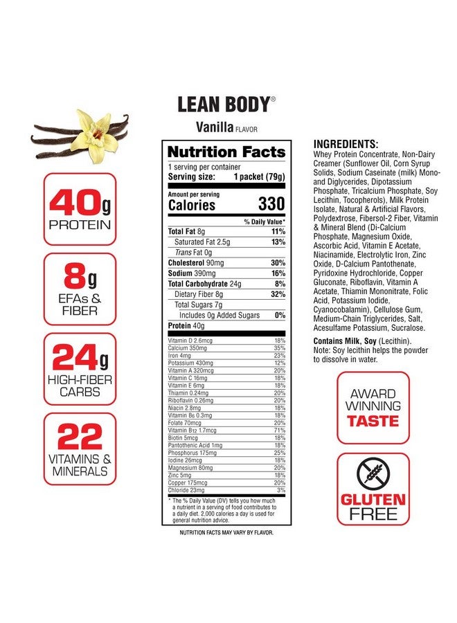 LABRADA Lean Body Mrp All-In-One Vanilla Meal Replacement Shake, 40G Protein, Whey Blend , 8G Healthy Fats Efa'S & Fiber, 22 Vitamins And Minerals , No Artificial Color, Gluten Free, (20 Packets) - Image 4