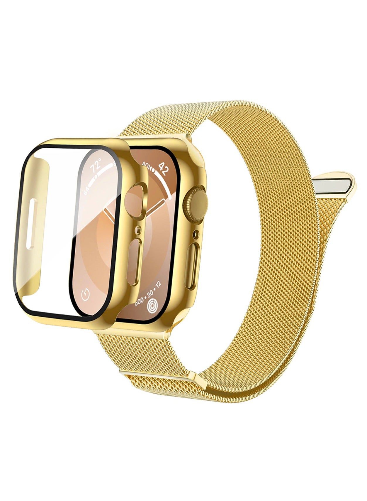 Case and watch band Set Compatible with Apple Watch 41mm, Series 7/8/9, stainless steel mesh metal iWatch strap with Tempered Glass Screen Protector, Golden