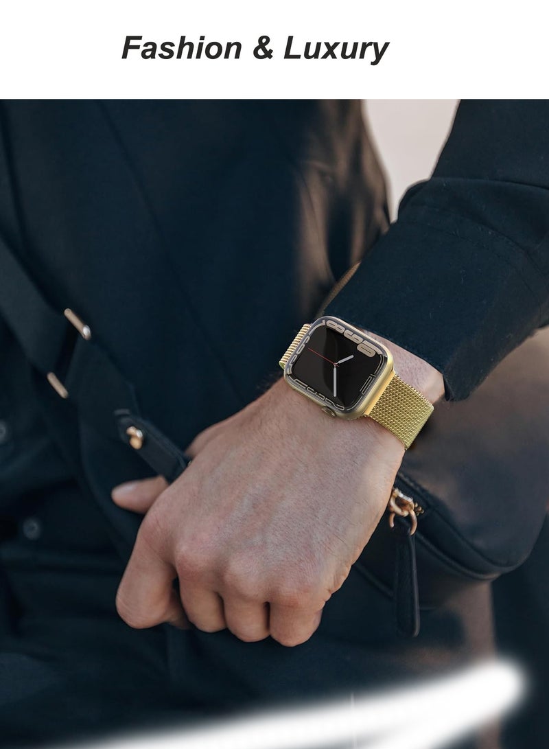 Case and watch band Set Compatible with Apple Watch 41mm, Series 7/8/9, stainless steel mesh metal iWatch strap with Tempered Glass Screen Protector, Golden - Image 5