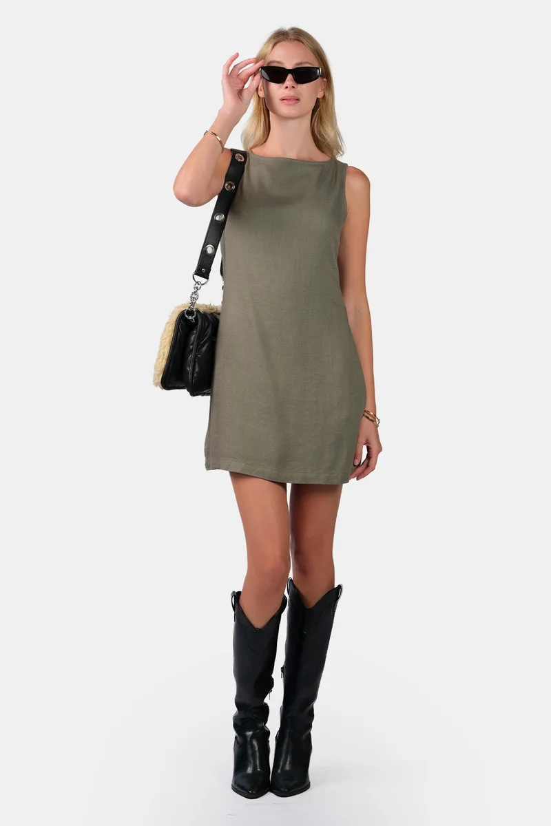 فيرجيو Solid Linen Boat Neck Mini Shift Dress for Women