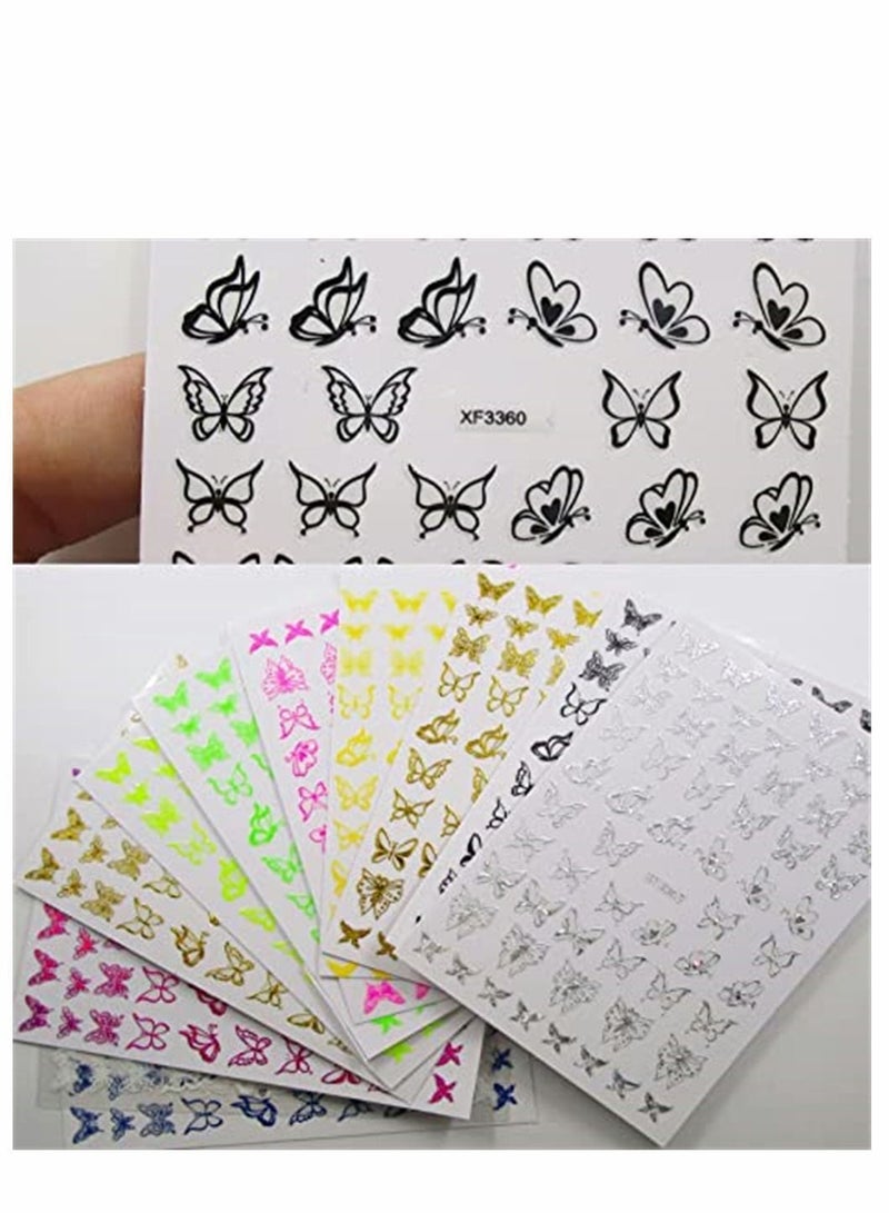 Nail Art Sticker, 3D Butterfly Sticker Holographic Neon Butterflies Adhesive Stickers Decals Manicure DIY Fingernails Tattoo Decor for Women Girls, 12 Sheet (Butterfly Style)
