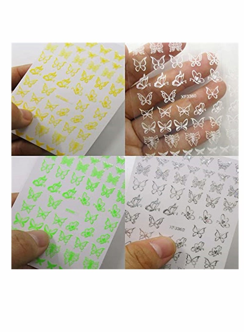 Nail Art Sticker, 3D Butterfly Sticker Holographic Neon Butterflies Adhesive Stickers Decals Manicure DIY Fingernails Tattoo Decor for Women Girls, 12 Sheet (Butterfly Style)