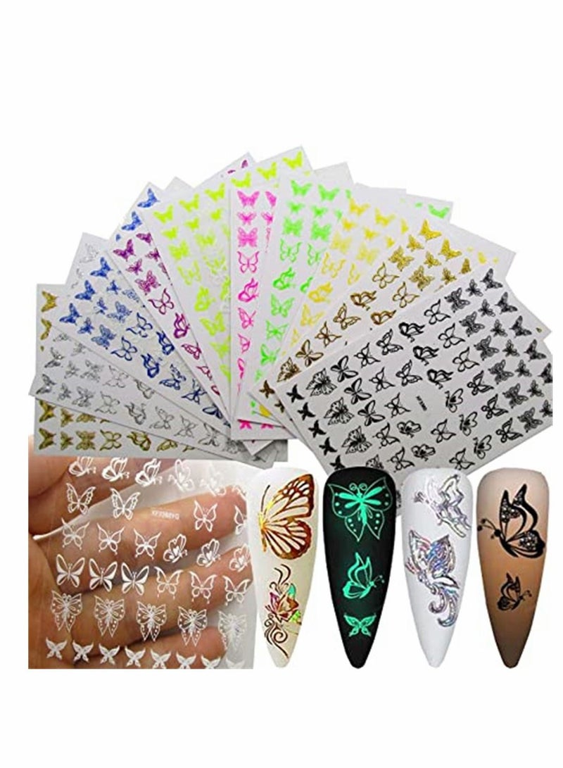 Nail Art Sticker, 3D Butterfly Sticker Holographic Neon Butterflies Adhesive Stickers Decals Manicure DIY Fingernails Tattoo Decor for Women Girls, 12 Sheet (Butterfly Style)