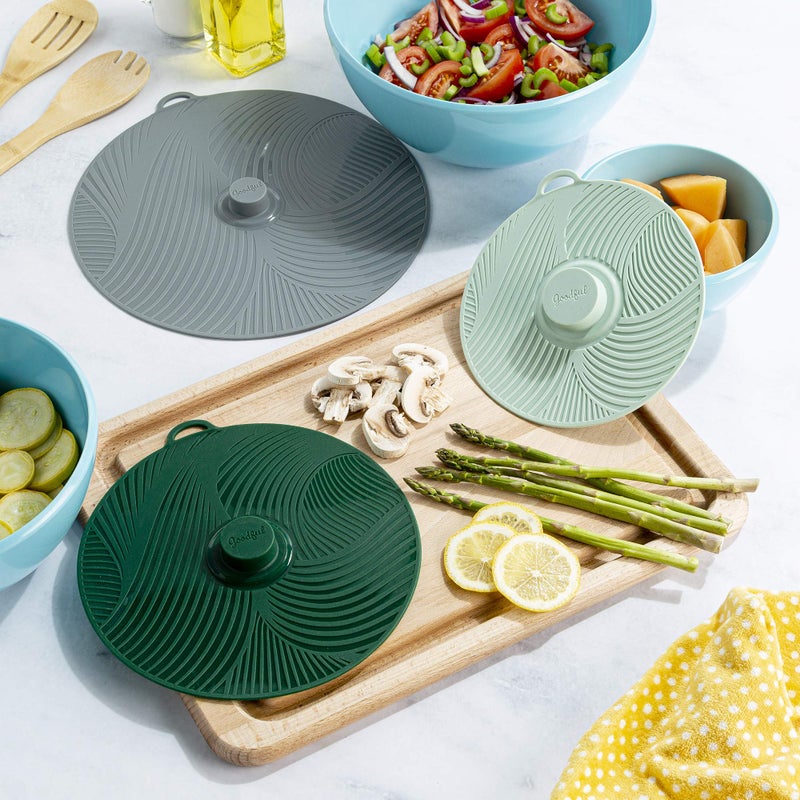 Goodful Universal Silicone Lids for Pots and Pans, Heat Safe, Reusable Suction Seal Covers for Bowls, Pots, Cups- Food Grade, Dishwasher Safe, 3 Piece, Gray, Green and Sage - Image 3