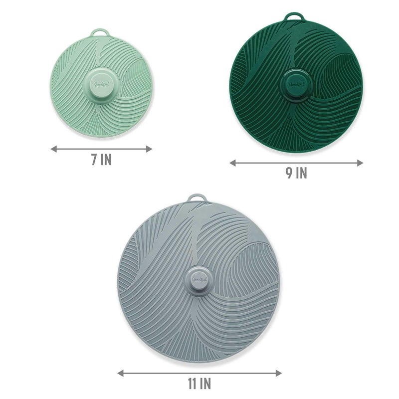 Goodful Universal Silicone Lids for Pots and Pans, Heat Safe, Reusable Suction Seal Covers for Bowls, Pots, Cups- Food Grade, Dishwasher Safe, 3 Piece, Gray, Green and Sage - Image 2