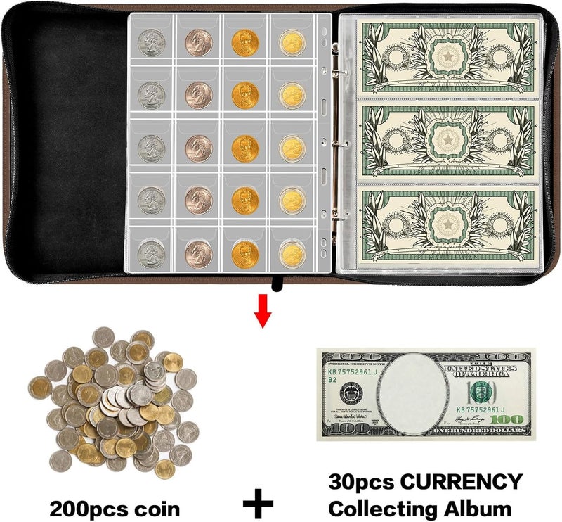 ANKHOH Coin Collection Book Holder for Collectors, 200 Pockets Coins Collecting Album & 30 Sleeves Paper Money Display Storage Case for Coin Currency Collection Supplies (200+30 paper money binder)-Grey - Image 3