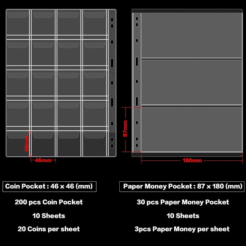 ANKHOH Coin Collection Book Holder for Collectors, 200 Pockets Coins Collecting Album & 30 Sleeves Paper Money Display Storage Case for Coin Currency Collection Supplies (200+30 paper money binder)-Grey - Image 4