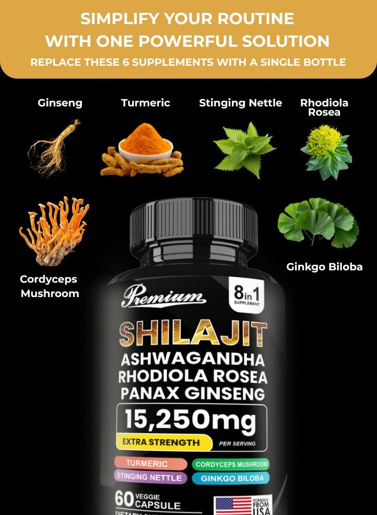 Premium Shilajit 8-in-1 Extra Strength Supplement – Energy, Stamina & Vitality Booster (60 Veggie Capsules) - Image 2