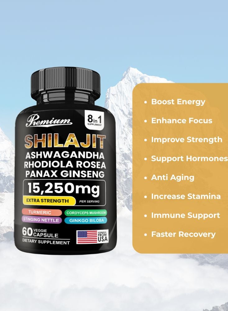 Premium Shilajit 8-in-1 Extra Strength Supplement – Energy, Stamina & Vitality Booster (60 Veggie Capsules) - Image 3