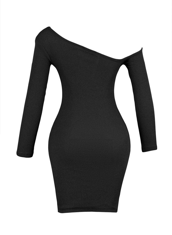 trendyol Black Fitted Asymmetrical Neckline Off Shoulder Mini Ribbed Stretchy Knitted Pencil Dress TWOAW23EL00118 - Image 5
