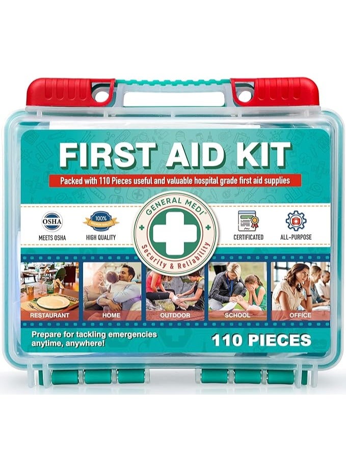 General Medi 110 Pieces Small First Aid Kit - HardCase First Aid Box - Contains Premium Medical Supplies for Travel, Home, Office, Vehicle, Camping, Workplace & Outdoor - Image 1