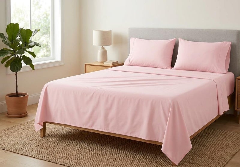 Light Pink Cotton Plain Flat Sheet size 120cm*200cm – with 2 Pillow Covers – Soft and Comfortable – Colorfast – Easy to Wash – Suitable for Home and Hotels - Image 1