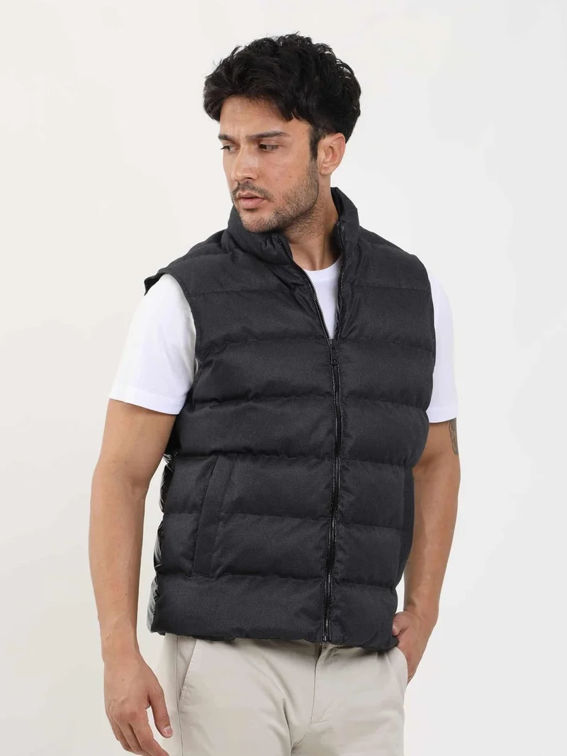 Dufy Anthracite Men's Regular Fit Plain Zipper Stand Collar Puffer Vest Coat - 96253