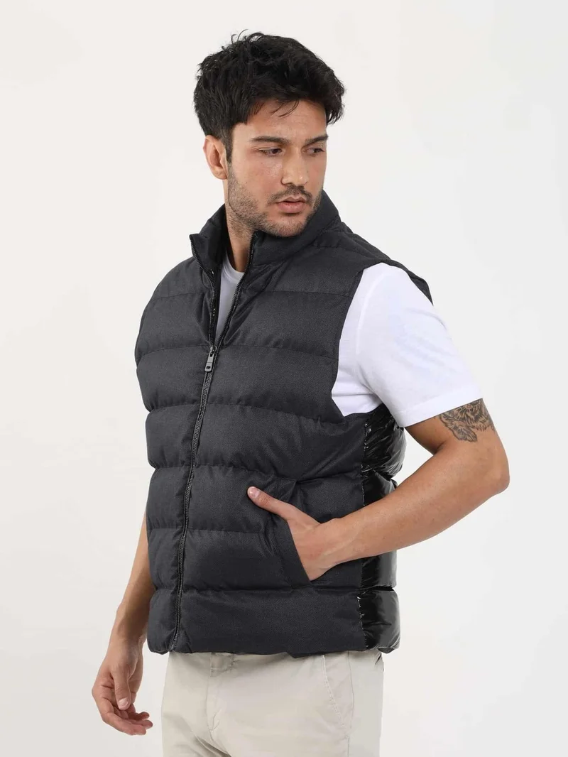 Dufy Anthracite Men's Regular Fit Plain Zipper Stand Collar Puffer Vest Coat - 96253
