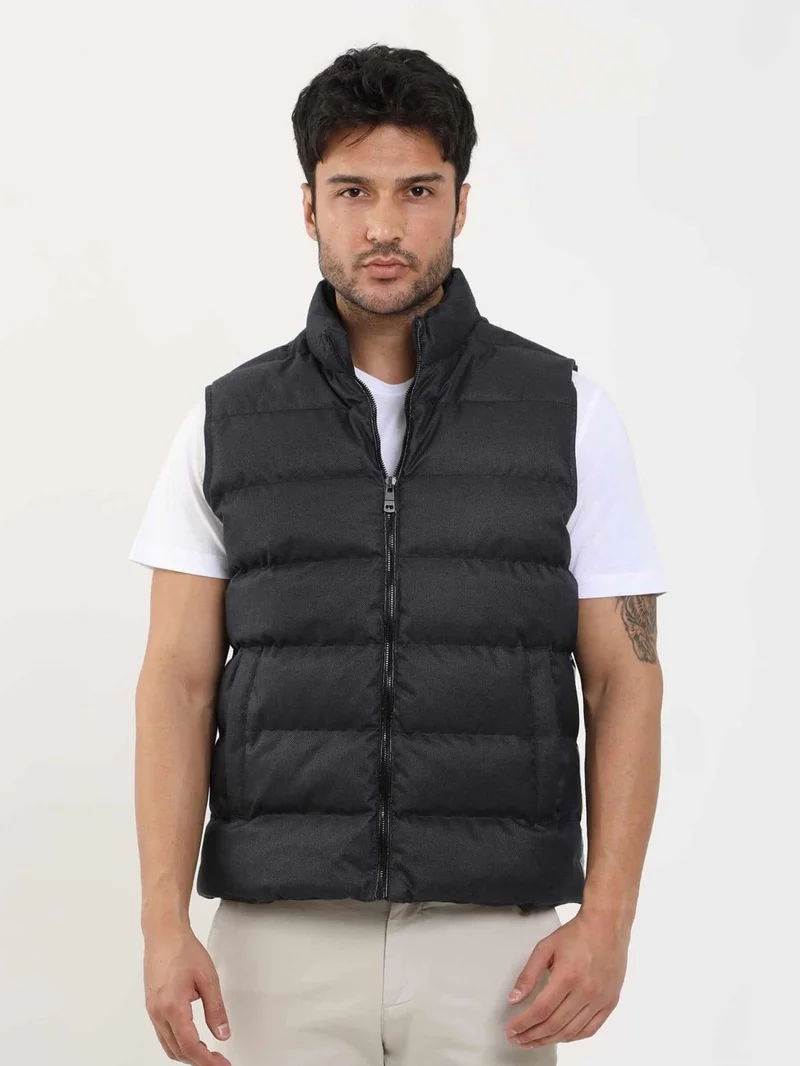 Dufy Anthracite Men's Regular Fit Plain Zipper Stand Collar Puffer Vest Coat - 96253